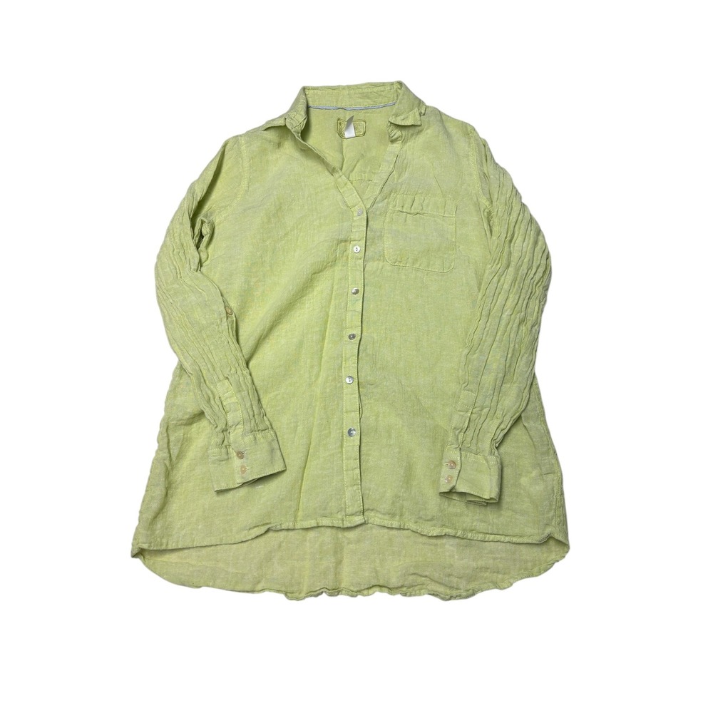 Sigrid Olsen Lime Green 100% Linen Button Down Shirt‎ Womens Medium High Low Hem